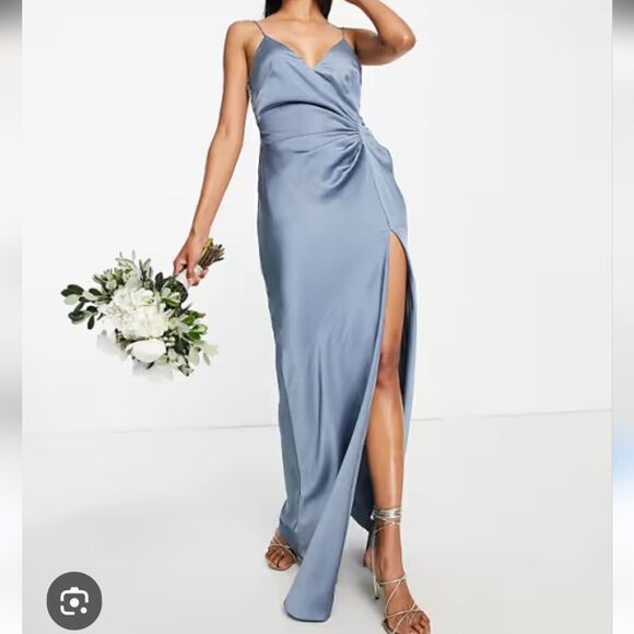 Maniju Women Strappy V Neck Dusty Blue Satin Slip Maxi Dress sz S Wedding Prom - Picture 1 of 17